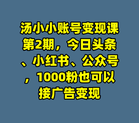 汤小小账号变现课第2期，今日头条、小红书、公众号，1000粉也可以接广告变现